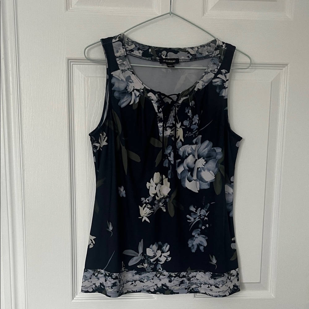 Le Château Floral Sleeveless Blouse - navy, pale blue, green